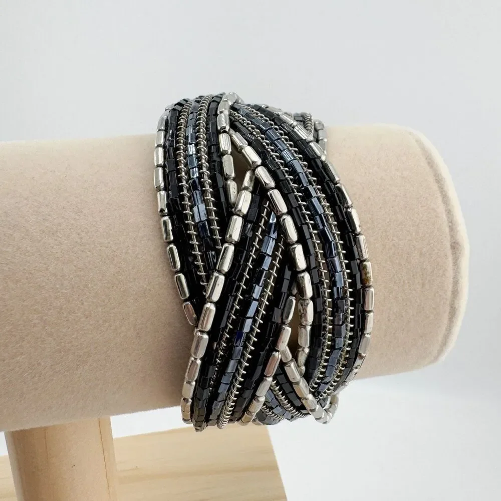 Vintage Wide Multi-Strand Cuff Stretch Black Silver Tone Bead Chain Statement